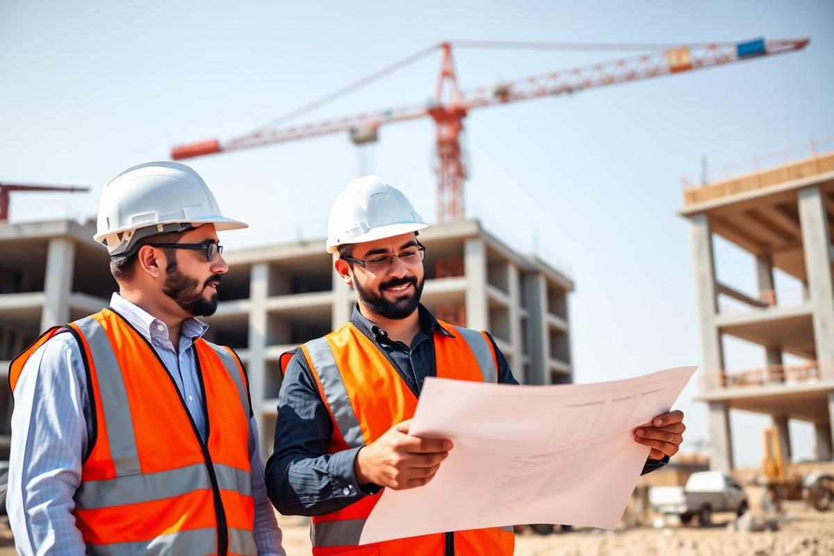 مهندسون يراجعون مخططات في موقع إنشاء